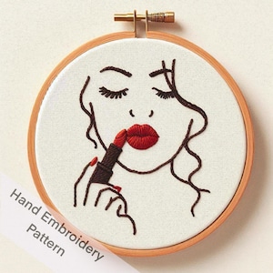Druckbare hübsche Lady Make-Up mit rotem Lippenstift Hand Stickerei Muster PDF Dateien Digitaler Download, DIY Wohnkultur Wandbehang Hoop Kunst