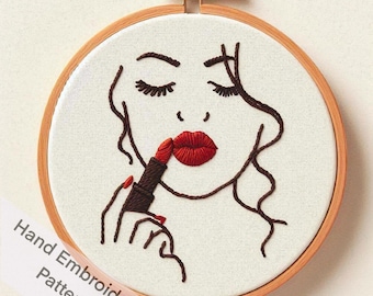 Afdrukbare Pretty Lady-make-up met rode lippenstift Handborduurpatroon PDF-bestanden Digitale download, DIY Home Decor muur hangende hoepelkunst