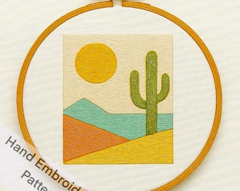 Desert Cactus Hand Embroidery PDF Pattern – Minimalist Sun & Landscape Hoop Art – Instant Download  Desert Sun Hoop PDF – Modern DIY Decor