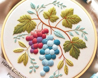 Juicy Grapes Hand Embroidered Patterns Digital Files Easy Download, Grape Vine, Kitchen and Dining Decore, Garden Loves, DIY Project Gift,