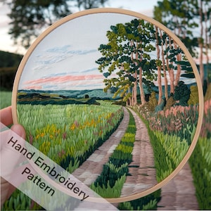 Nature Walk Hand Embroidery Design Download Peaceful Landscape Embroidery PDF Pastoral Landscape Hand Embroidery Hoop Art DIY Gift Idea Art