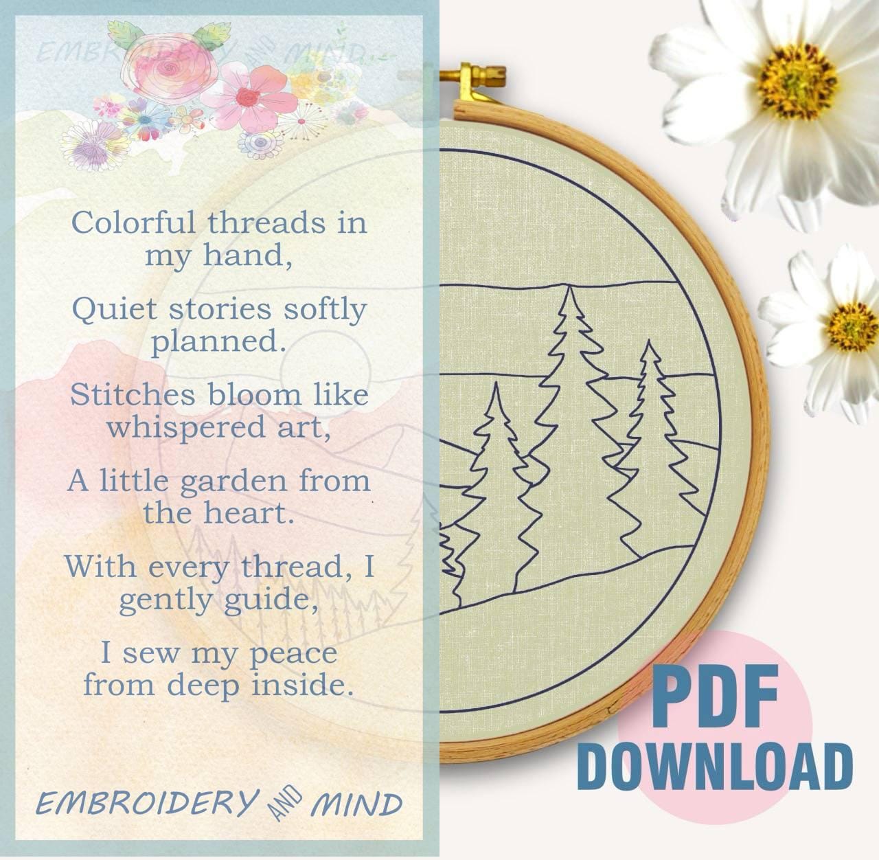 Sunset Mountain Scene Hand Embroidery Pattern Pine Tree Landscape Hoop ...