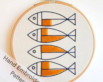 Patrón de bordado a mano de pez imprimible, descarga digital con 6 tamaños diferentes, idea de regalo para principiantes para decoración del hogar, arte de pared colgante