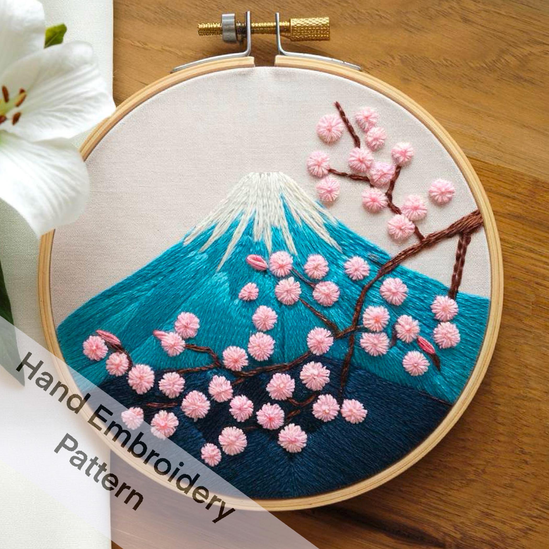 Printable Mount Fuji With Pink Sakura Pink Blossom Hand Embroidery ...