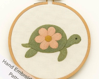 Printable Hand Embroidery Pattern PDF File Digital Download Turtle and Flower.