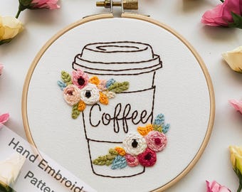 Printable Aesthetic Coffee Cup with Flowers Hand Embroidery Pattern PDF Download Cute Coffee Hand Craft Gift Idea Coffee Lovers.