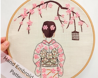 Hand Embroidery Pattern - Japanese Woman & Sakura | Digital Download | Geisha-Inspired Art Young Lady in Kimono Elegant Hoop Art Traditional