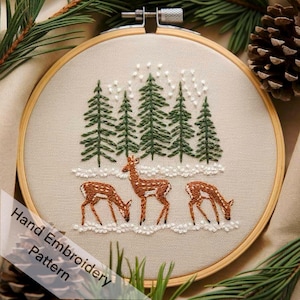 Może przedstawiać: Haftowany obręcz z trzema brązowymi jeleniami stojącymi w śnieżnym lesie z zielonymi sosnami. Obręcz jest drewniana i ma beżowe tło z tkaniny.