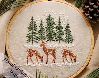 Winter Scene Pine Trees and Deers Hand Embroidered Pattern Digital Download, Winter Landscape DIY Wall Hanging Hoop Art Idea, Hand Gift