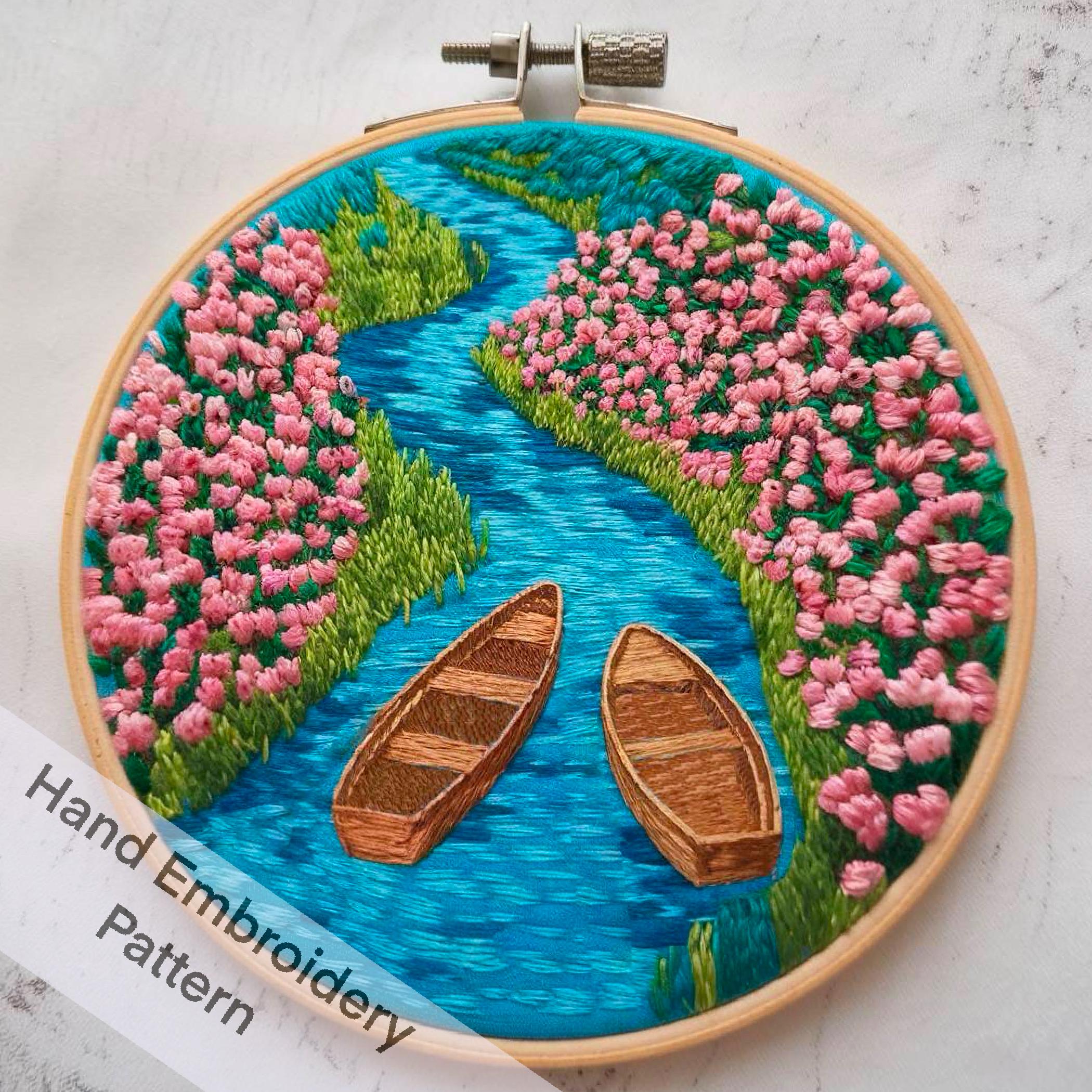 印刷可能な美しい川に浮かぶ 2 隻のボートの手刺繍パターン デジタル
