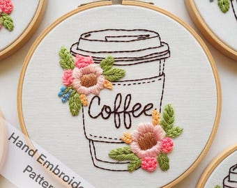 Printable Cool Coffee Cup with Floral Hand Embroidery Pattern Design PDF Download DIY Gift for Wall Hanging Home decor Embroidery Lovers