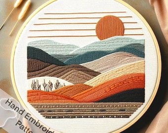 Landscape Mountain View Hand Embroidery Designs Pattern Digital Download PDF files with Abstract Sunset Scene Design, Handmade Gift, Easy
