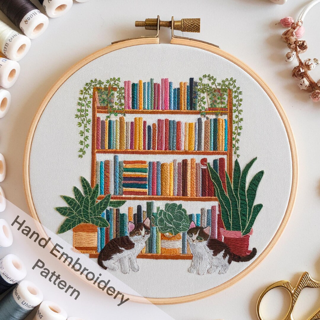 Cat Lover's Bookshelf Hand Embroidery Pattern PDF File Digital Download ...