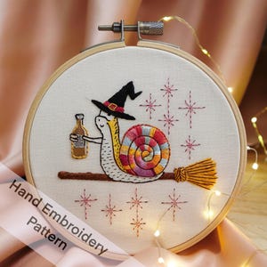 Hand Embroidery Pattern Download Colorful Snail with the Broom Go for Chillout at Night DIY Project Idea Hoop Unique Wall Art Funny Design