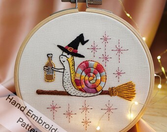 Hand Embroidery Pattern Download Colorful Snail with the Broom Go for Chillout at Night DIY Project Idea Hoop Unique Wall Art Funny Design