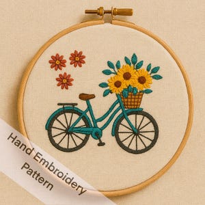 Handstickerei Fahrrad mit schönen Blumen PDF Files Digitaler Download Moderne Stickerei, 6 verschiedene Größen, handgemachtes Geschenk, DIY