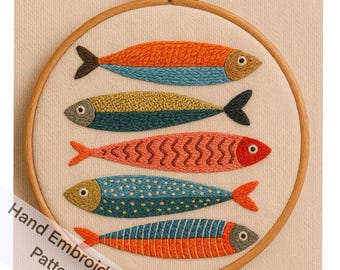 Printable Five Fishes Hand Embroidery Pattern PDF Files Digital Download DIY Gift Idea Wall Art Hanging Needle Work Colorful 5 Fishes