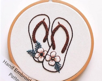 Flip Flops Sea Sand with Flowers Hand Embroidery Pattern, Vacation Hand Craft Project, PDF Patterns Digital Download, DIY Gift Idea, Files