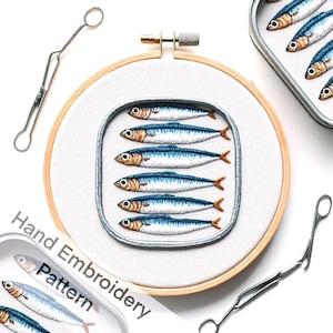 Printable Sardines in Can Hand Embroidery Pattern, Sardine tin art stitch pattern, Sardine illustration embroidery, Hoop art sardine