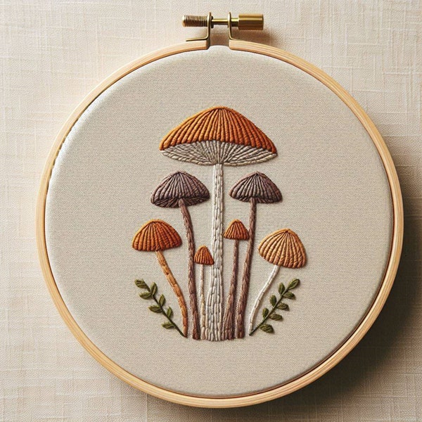 Mushroom Embroidery Pattern Digital Download, Hand Embroidery Files Art Template, Wall Hanging DIY Gift, 6 Different sizes Instant download