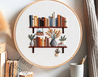 Bookshelf with Flowers Embroidery Design Digital Download Pattern for Teachers and Book Lovers: Library Hoop Art Wall Hanging Decor