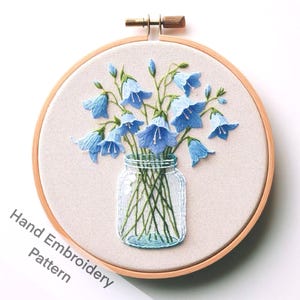 May include: Hand embroidery pattern featuring a bouquet of blue bell flowers in a clear glass jar. The flowers are arranged in a circle and the jar is sitting on a white background.