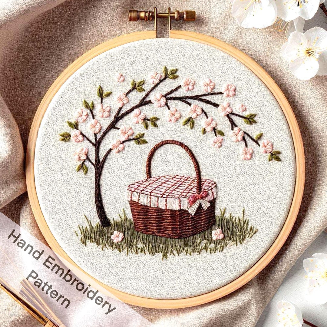 Picnic Basket Under Cherry Blossom Tree Hand Embroidery Design PDF