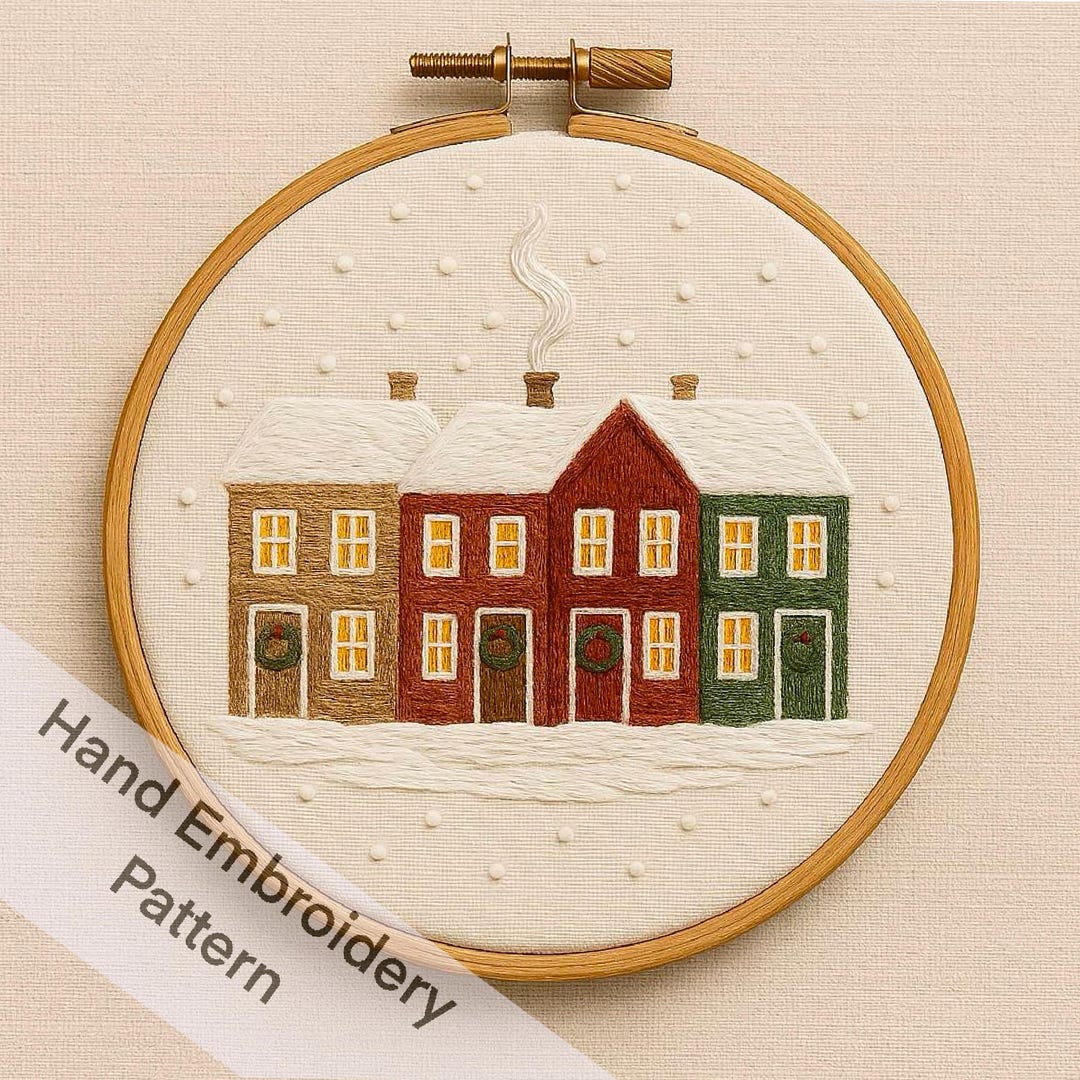 Snowy Village Embroidery Pattern: Winter Cottage Hoop Art (PDF ...