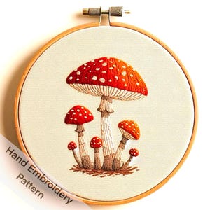 May include: Hand-stitched embroidery art featuring a cluster of red and white spotted mushrooms. The design is set within a wooden embroidery hoop. The text "Hand Embroidery Pattern" is visible on the left side of the image.