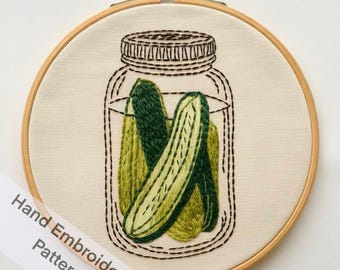 Printable Crunchy Pickled Cucumber in a Jar Hand Embroidery Pattern Design PDF File Digital Download Kitchen Decor Idea Wall Hanging Art