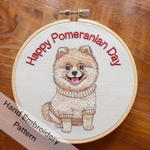 Motif de broderie à la main Joli jour de Poméranie, fichiers PDF en téléchargement numérique, tenture murale d&#39;art pour les amateurs de chiens, idée cadeau bricolage facile à télécharger