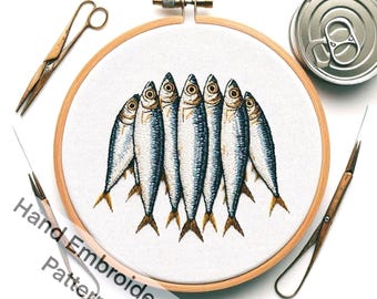 Printable Fish Hand Embroidery Pattern Design PDF File Digital Download, School of Anchovy Ocean Life, Gift for Embroidery and Fishing Lover