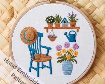 Chair and Flowers Hand Embroidery Pattern – Garden Hoop Art (Digital Download)