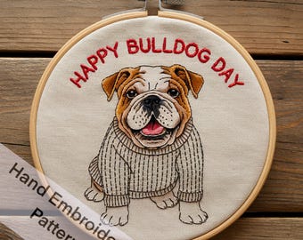 Bulldog Hand Embroidery Pattern – Happy Bulldog Day (PDF Download)