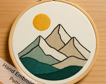 氷山の風景刺繍パターン、雪山の手刺繍、冬の風景フープアートPDF、DIY