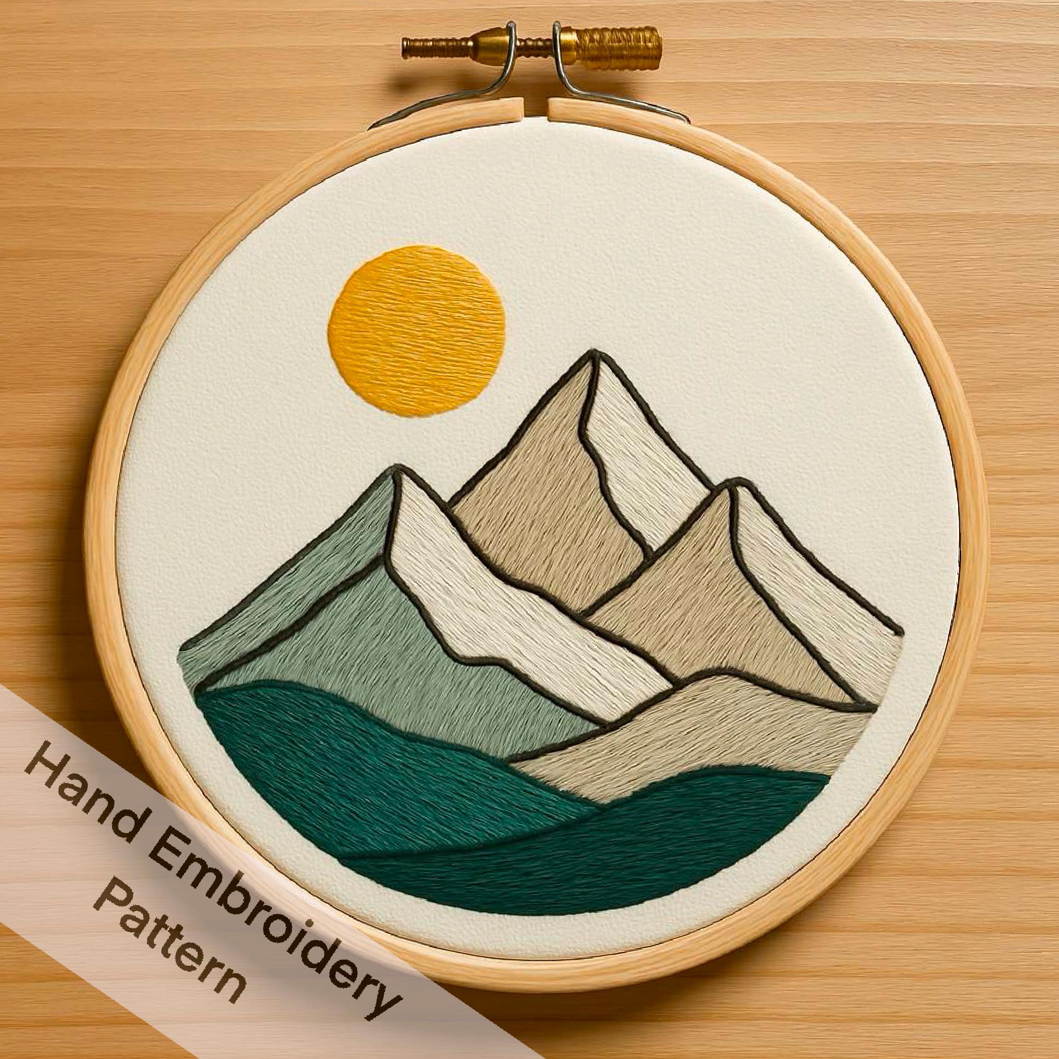 山の日の出刺繍パターン：モダンな風景画フープアート（PDFデジタル