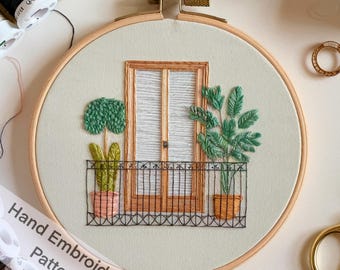 Balcony Garden Hand Embroidery Pattern | Potted Plants (PDF Download)