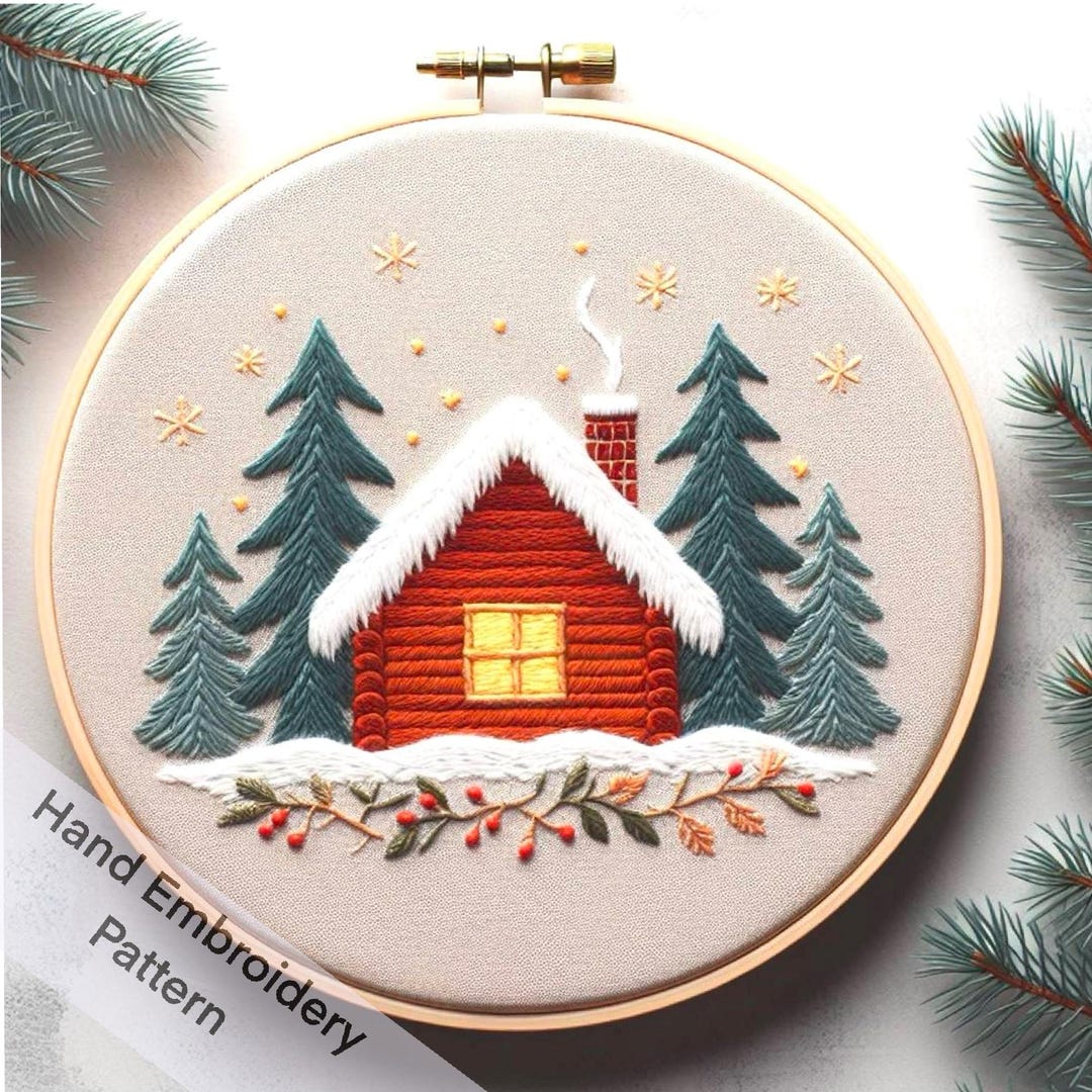 Cozy Winter Cabin With Christmas Tree Hand Embroidery Design PDF ...