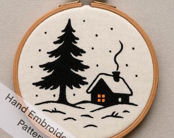 Hand Embroidery Patterns Snowy Hut PDF File Digital Download Easy to Print at Home with 6 Different Sizes.