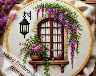 Charming Window and Lantern Hand Embroidery Design PDF Instant Download Botanical Window View Hand Embroidery Pattern | Floral Wall Art DIY