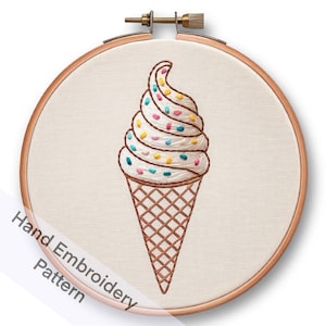 Druckbare süße Eistüte Hand Stickerei Muster Vorlage PDF Dateien Digitaler Download DIY Geschenkidee Hand Handwerk Projekt Hoop Art Niedlich