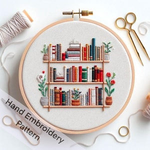 Bookshelf with Flowers Embroidery Design Digital Download Pattern, Perfect for library hoop art wall hangings, Decor for book lover's space.