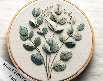 Eucalyptus Leaves Hand embroidery designs PDF File Instant Download, Botanical Embroidery, Green Leaf Needle Paint, Hoop Art Wall Hanging