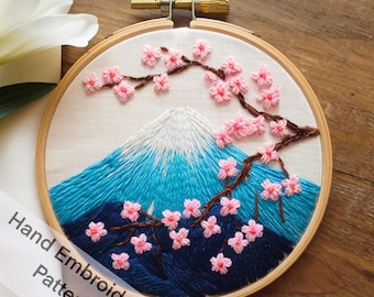富士山 青色系 和風アート 手刺繍 富士山の刺繍パターン：日本の風景画（PDFデジタルチュートリアル