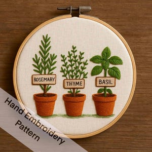Può includere: Giardino di erbe aromatiche ricamato a mano in un telaio di legno. Presenta rosmarino, timo e basilico in vasi di terracotta, ciascuno etichettato con un piccolo cartello di legno. Il ricamo è su tessuto color crema.