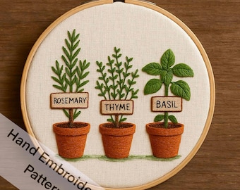 Potted Herbs Hand Embroidery Design: Botanical Kitchen Stitching (PDF Pattern)