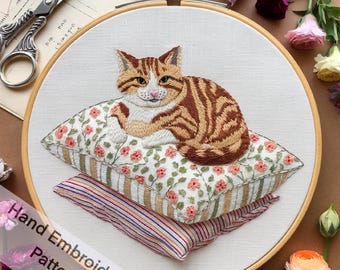 Hand Embroidery Pattern Cat Resting on Pillows | DIY Stitch Art Adorable Cat on Pillows Hand Embroidery PDF Modern Hoop Art