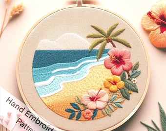 Printable Tropical Landscape Sea Ocean Hand Embroidery Pattern Summer Vacation with Hibiscus and Coconut Plant on the Beach, Hand Craft DIY