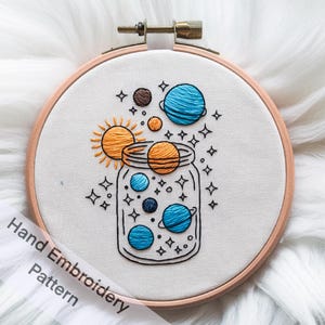 Puede incluir: Un aro de bordado cosido a mano con un diseño de un frasco de vidrio lleno de planetas y estrellas. Los planetas son azules y naranjas, y las estrellas son blancas. El diseño está sobre un fondo de tela blanca.