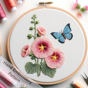 Flower Embroidery Hollyhock with Butterfly Hand Embroidery Digital Download, Home Decor Embroidery Hoop Art, DIY Gift Project, Embroidery
